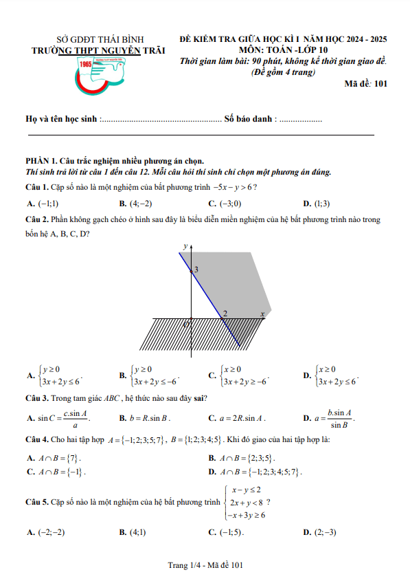 đề giữa học kì 1 toán 10 năm 2024 – 2025 trường thpt nguyễn trãi – thái bình