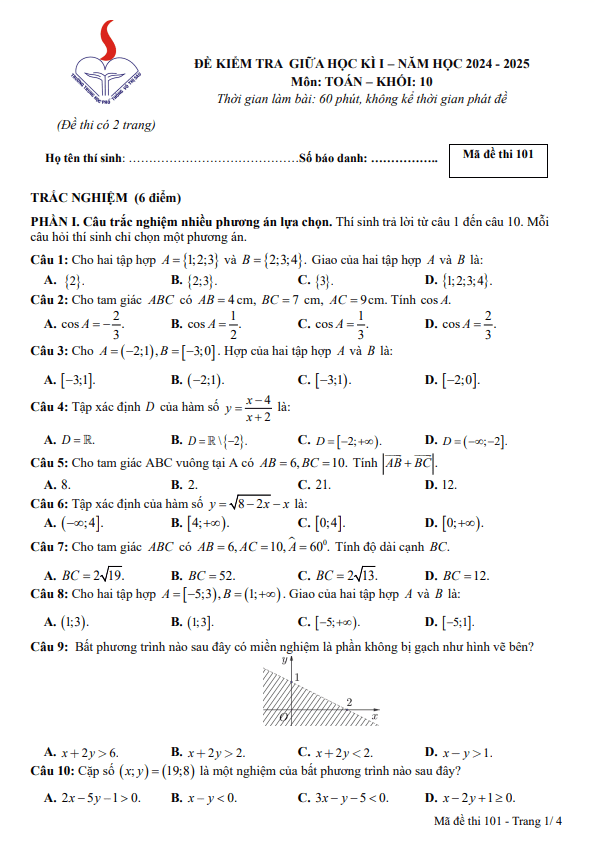 đề giữa học kì 1 toán 10 năm 2024 – 2025 trường thpt võ thị sáu – tp hcm