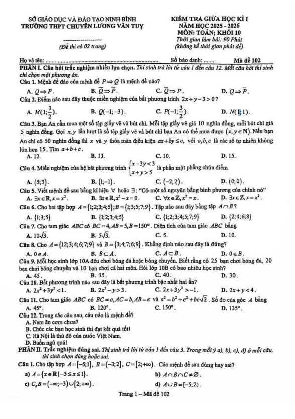 đề giữa học kì 1 toán 10 năm 2025 – 2026 trường chuyên lương văn tụy – ninh bình