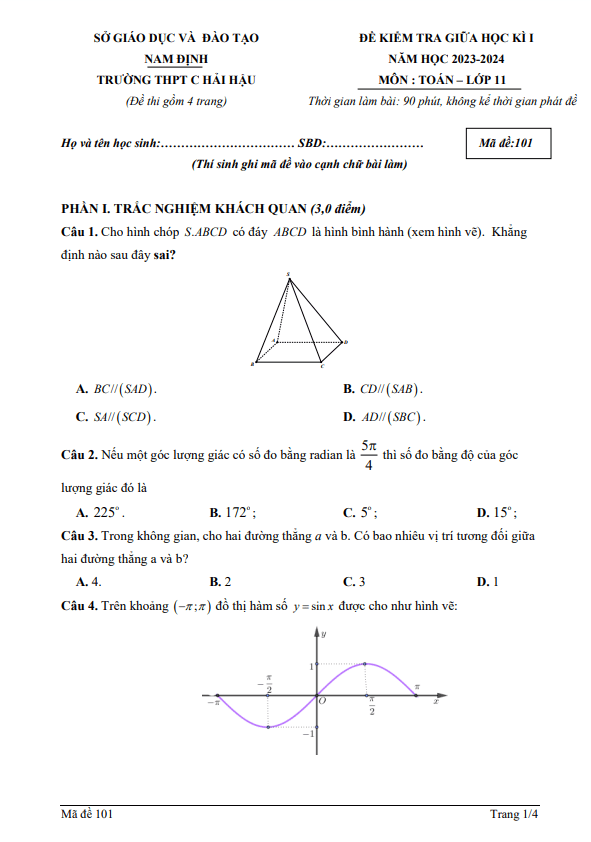 đề giữa học kì 1 toán 11 năm 2023 – 2024 trường thpt c hải hậu – nam định