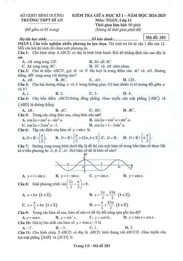 đề giữa học kì 1 toán 11 năm 2024 – 2025 trường thpt dĩ an – bình dương