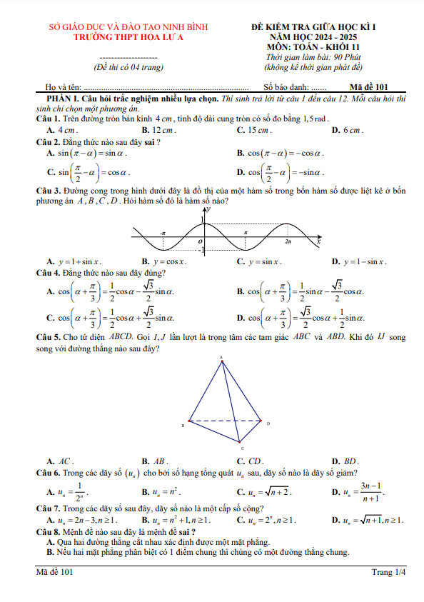 đề giữa học kì 1 toán 11 năm 2024 – 2025 trường thpt hoa lư a – ninh bình