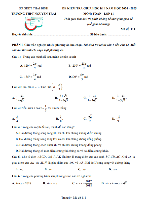 đề giữa học kì 1 toán 11 năm 2024 – 2025 trường thpt nguyễn trãi – thái bình