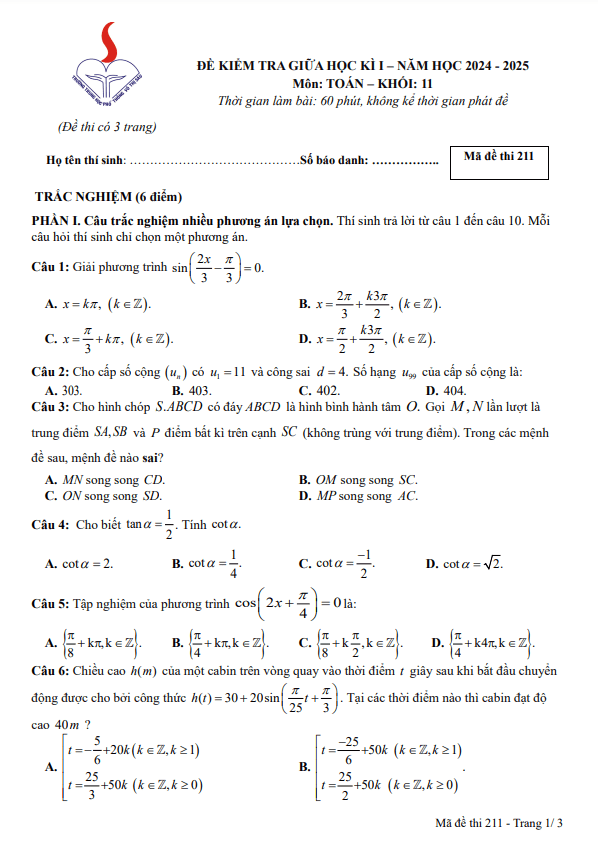 đề giữa học kì 1 toán 11 năm 2024 – 2025 trường thpt võ thị sáu – tp hcm