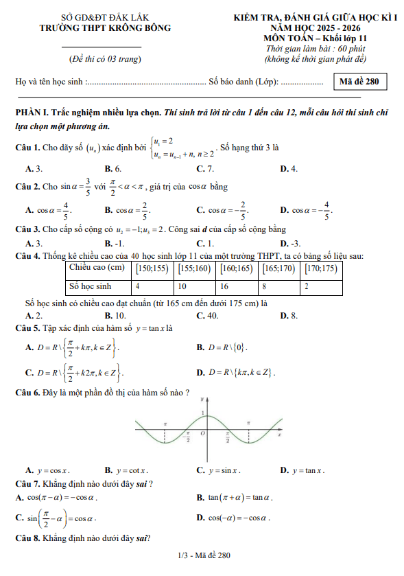 đề giữa học kì 1 toán 11 năm 2025 – 2026 trường thpt krông bông – đắk lắk