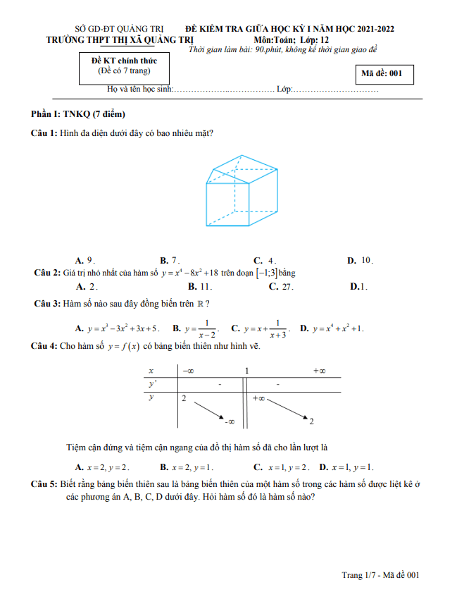 đề giữa học kì 1 toán 12 năm 2021 – 2022 trường thpt thị xã quảng trị
