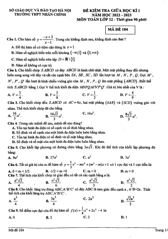 đề giữa học kì 1 toán 12 năm 2022 – 2023 trường thpt nhân chính – hà nội