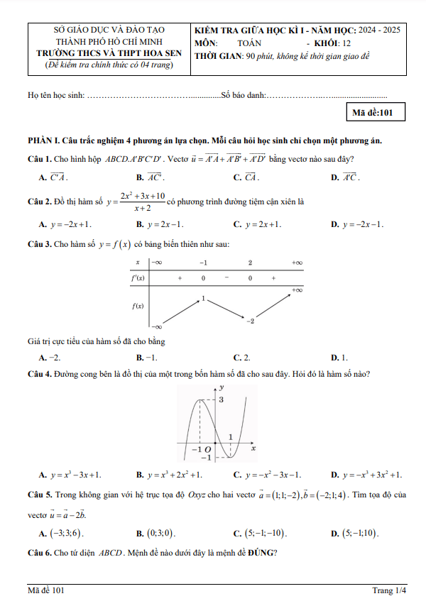 đề giữa học kì 1 toán 12 năm 2024 – 2025 trường thcs & thpt hoa sen – tp hcm