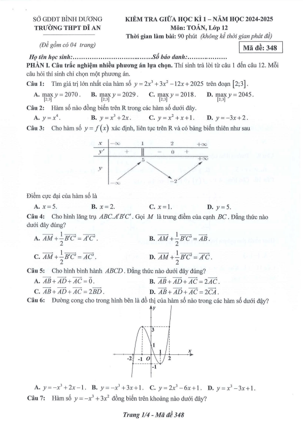 đề giữa học kì 1 toán 12 năm 2024 – 2025 trường thpt dĩ an – bình dương