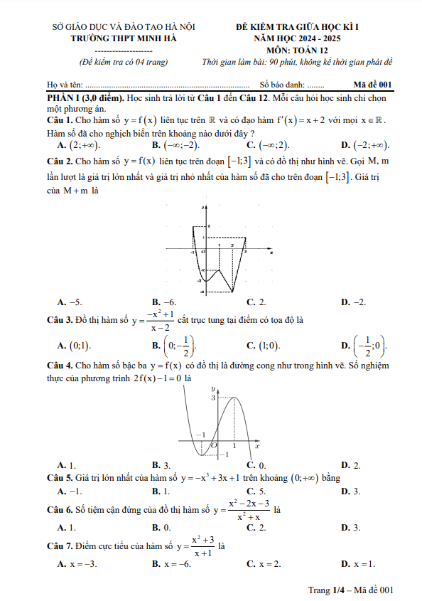 đề giữa học kì 1 toán 12 năm 2024 – 2025 trường thpt minh hà – hà nội