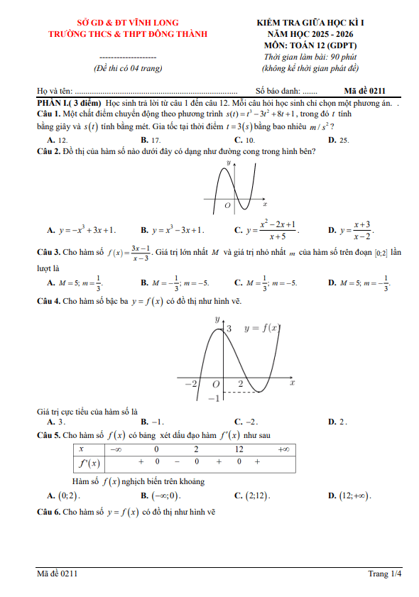 đề giữa học kì 1 toán 12 năm 2025 – 2026 trường đông thành – vĩnh long
