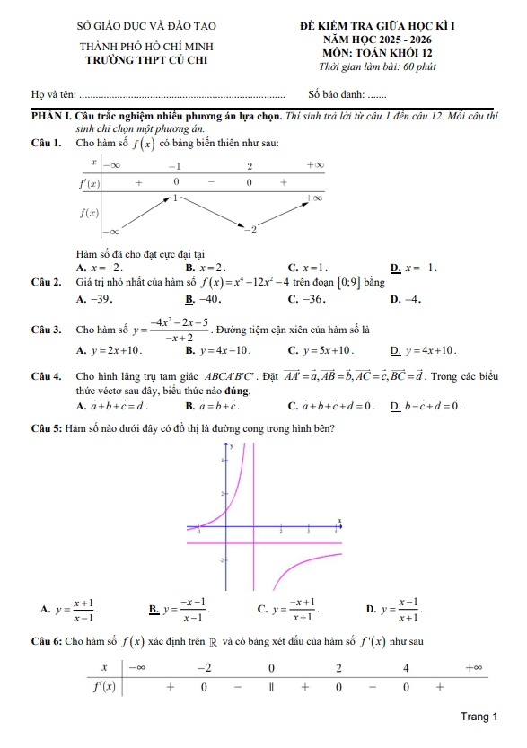 đề giữa học kì 1 toán 12 năm 2025 – 2026 trường thpt củ chi – tp hcm