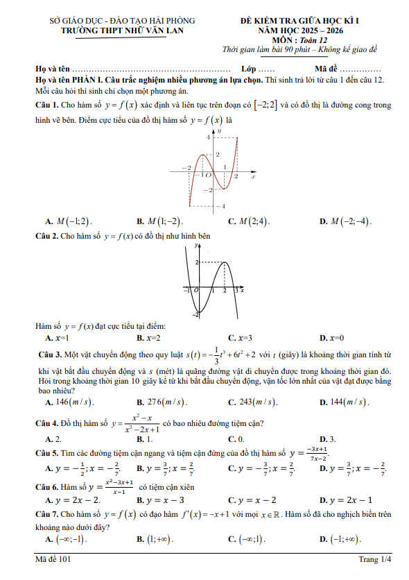đề giữa học kì 1 toán 12 năm 2025 – 2026 trường thpt nhữ văn lan – hải phòng