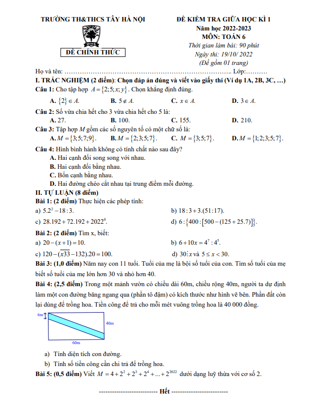 đề giữa học kì 1 toán 6 năm 2022 – 2023 trường th & thcs tây hà nội