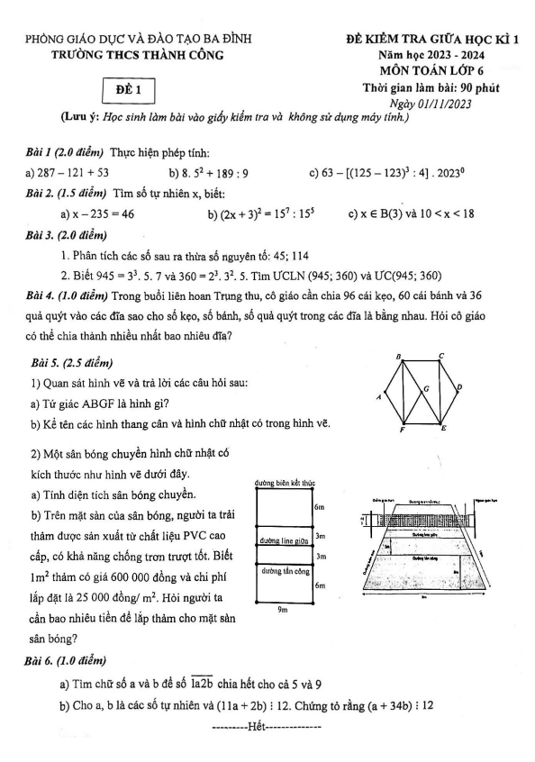 đề giữa học kì 1 toán 6 năm 2023 – 2024 trường thcs thành công – hà nội
