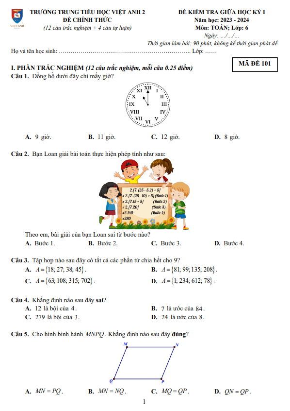 đề giữa học kì 1 toán 6 năm 2023 – 2024 trường việt anh 2 – bình dương