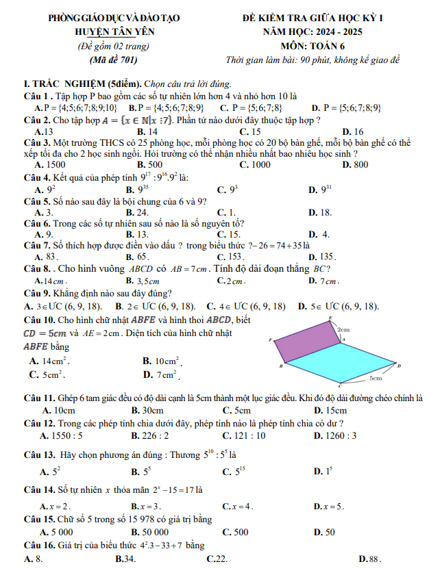 đề giữa học kì 1 toán 6 năm 2024 – 2025 phòng gd&đt tân yên – bắc giang