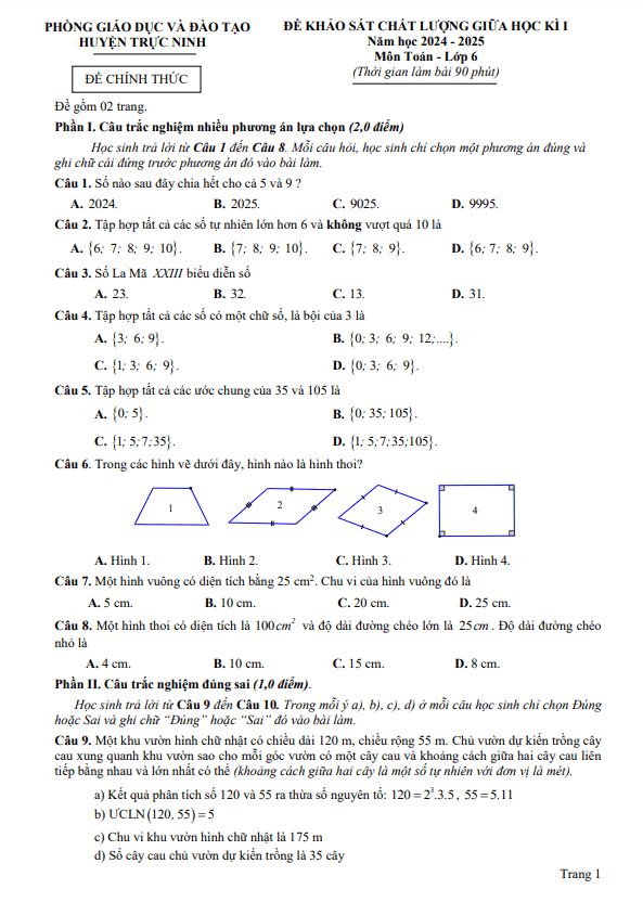 đề giữa học kì 1 toán 6 năm 2024 – 2025 phòng gd&đt trực ninh – nam định