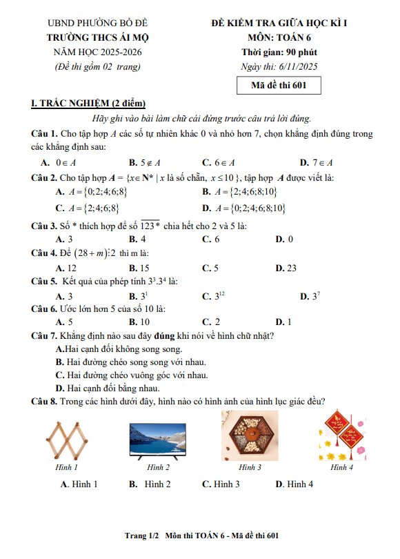 đề giữa học kì 1 toán 6 năm 2025 – 2026 trường thcs ái mộ – hà nội