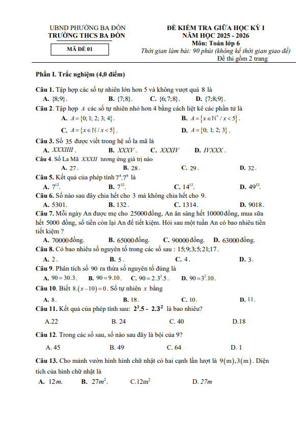 đề giữa học kì 1 toán 6 năm 2025 – 2026 trường thcs ba đồn – quảng trị