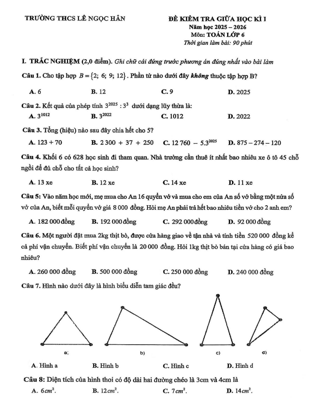 đề giữa học kì 1 toán 6 năm 2025 – 2026 trường thcs lê ngọc hân – hà nội