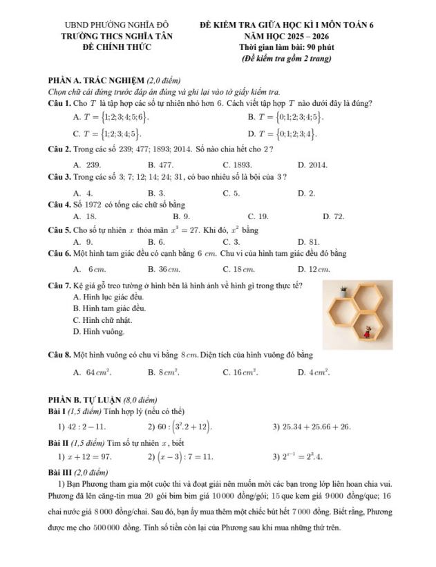 đề giữa học kì 1 toán 6 năm 2025 – 2026 trường thcs nghĩa tân – hà nội