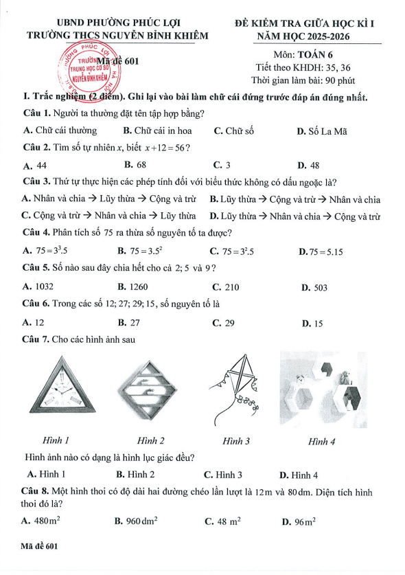 đề giữa học kì 1 toán 6 năm 2025 – 2026 trường thcs nguyễn bỉnh khiêm – hà nội