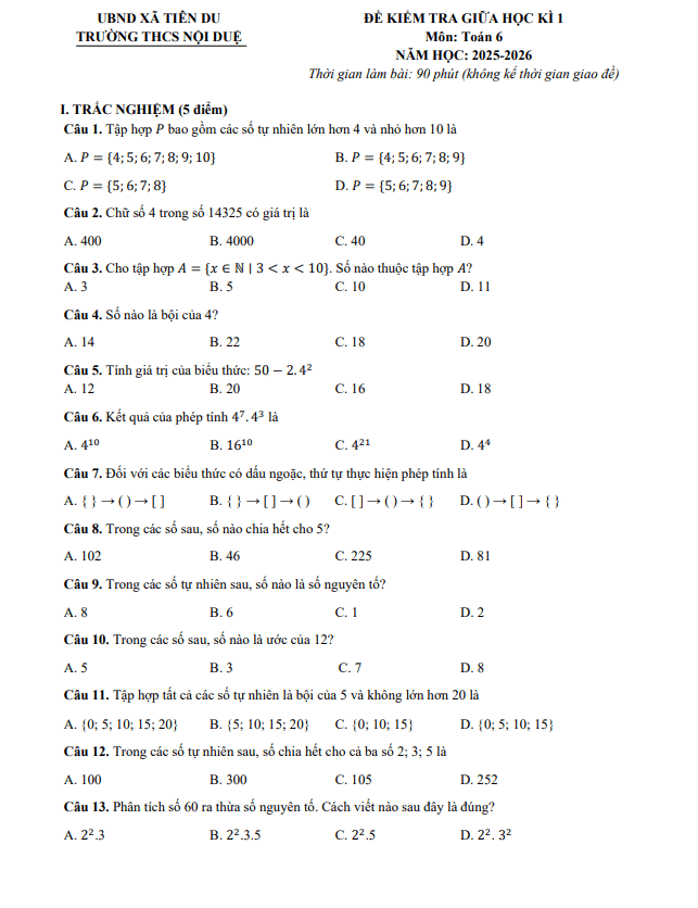 đề giữa học kì 1 toán 6 năm 2025 – 2026 trường thcs nội duệ – bắc ninh