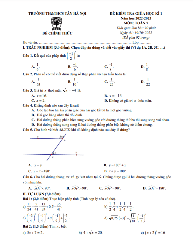 đề giữa học kì 1 toán 7 năm 2022 – 2023 trường th & thcs tây hà nội