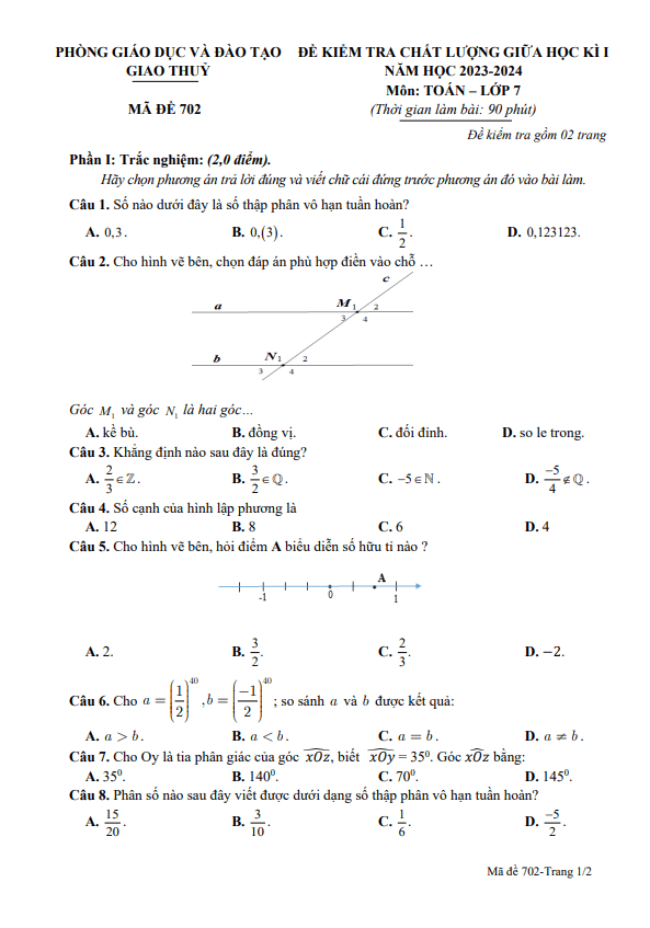 đề giữa học kì 1 toán 7 năm 2023 – 2024 phòng gd&đt giao thuỷ – nam định