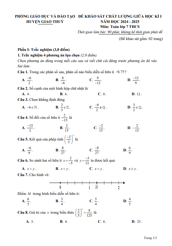 đề giữa học kì 1 toán 7 năm 2024 – 2025 phòng gd&đt giao thủy – nam định