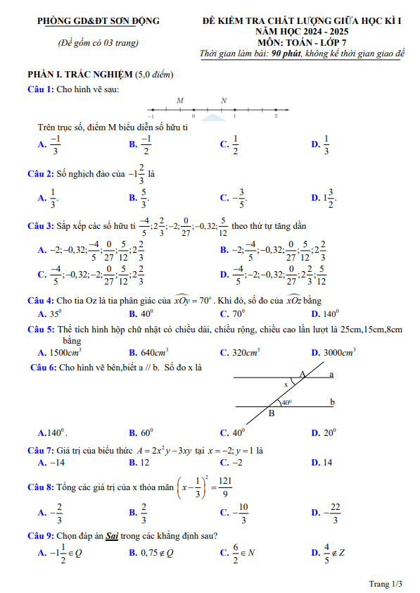 đề giữa học kì 1 toán 7 năm 2024 – 2025 phòng gd&đt sơn động – bắc giang