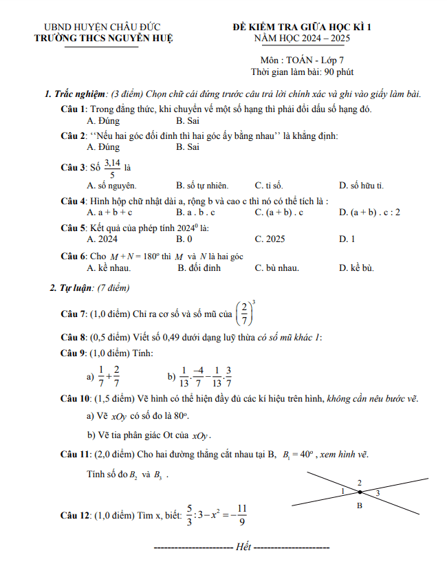 đề giữa học kì 1 toán 7 năm 2024 – 2025 trường thcs nguyễn huệ – br vt