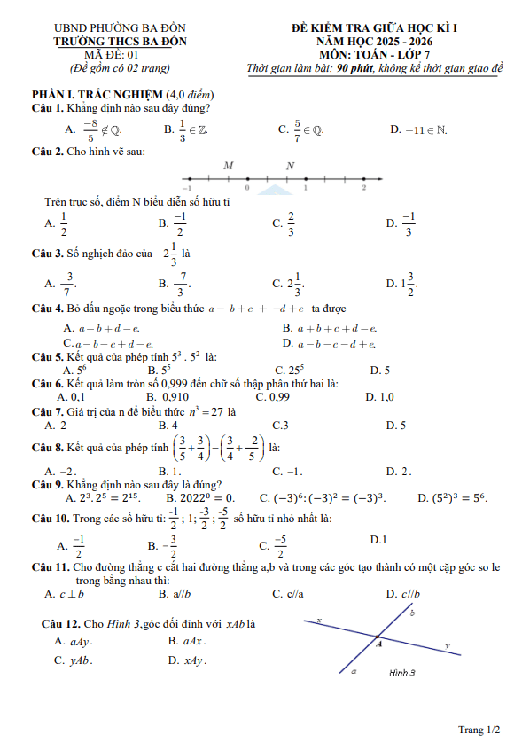 đề giữa học kì 1 toán 7 năm 2025 – 2026 trường thcs ba đồn – quảng trị