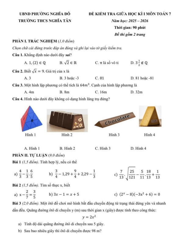 đề giữa học kì 1 toán 7 năm 2025 – 2026 trường thcs nghĩa tân – hà nội