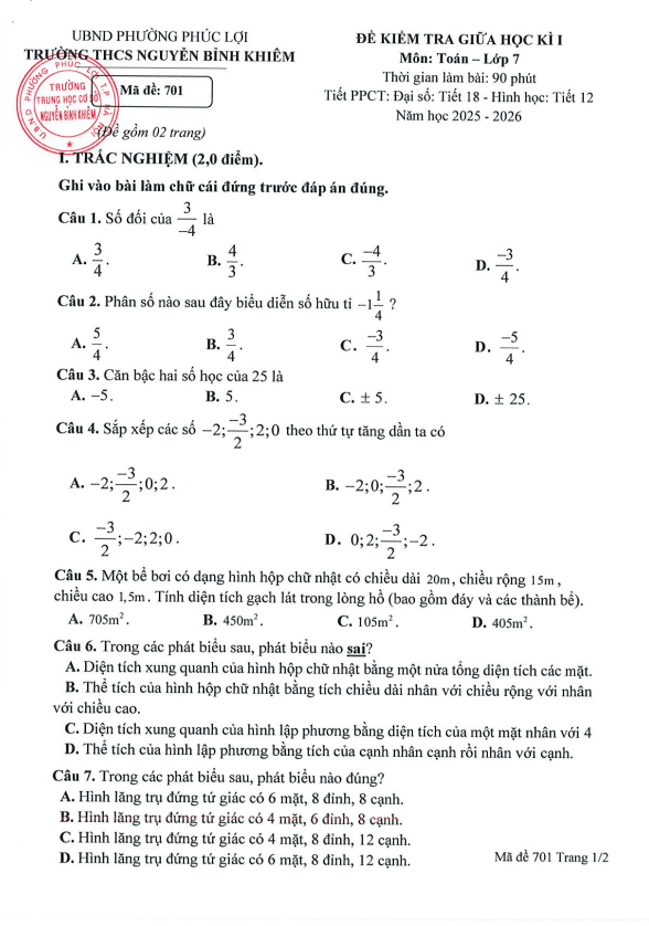 đề giữa học kì 1 toán 7 năm 2025 – 2026 trường thcs nguyễn bỉnh khiêm – hà nội