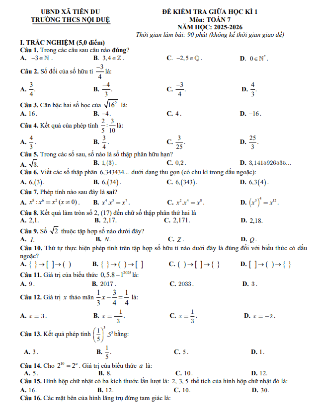 đề giữa học kì 1 toán 7 năm 2025 – 2026 trường thcs nội duệ – bắc ninh