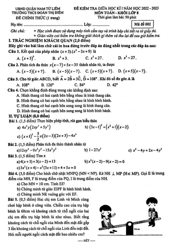 đề giữa học kì 1 toán 8 năm 2022 – 2023 trường thcs đoàn thị điểm – hà nội