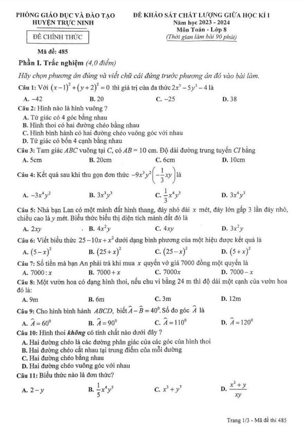 đề giữa học kì 1 toán 8 năm 2023 – 2024 phòng gd&đt trực ninh – nam định