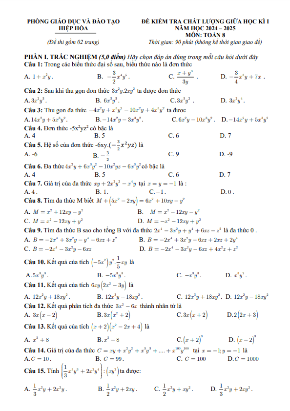 đề giữa học kì 1 toán 8 năm 2024 – 2025 phòng gd&đt hiệp hòa – bắc giang