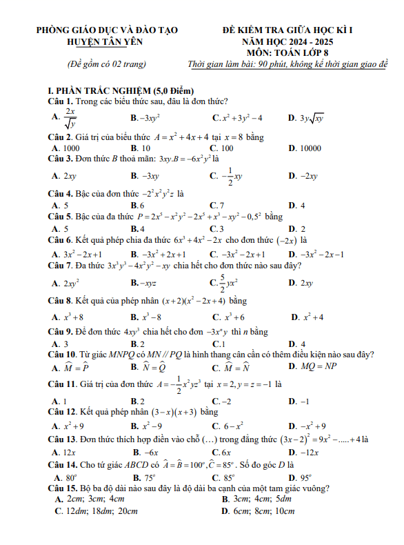 đề giữa học kì 1 toán 8 năm 2024 – 2025 phòng gd&đt tân yên – bắc giang