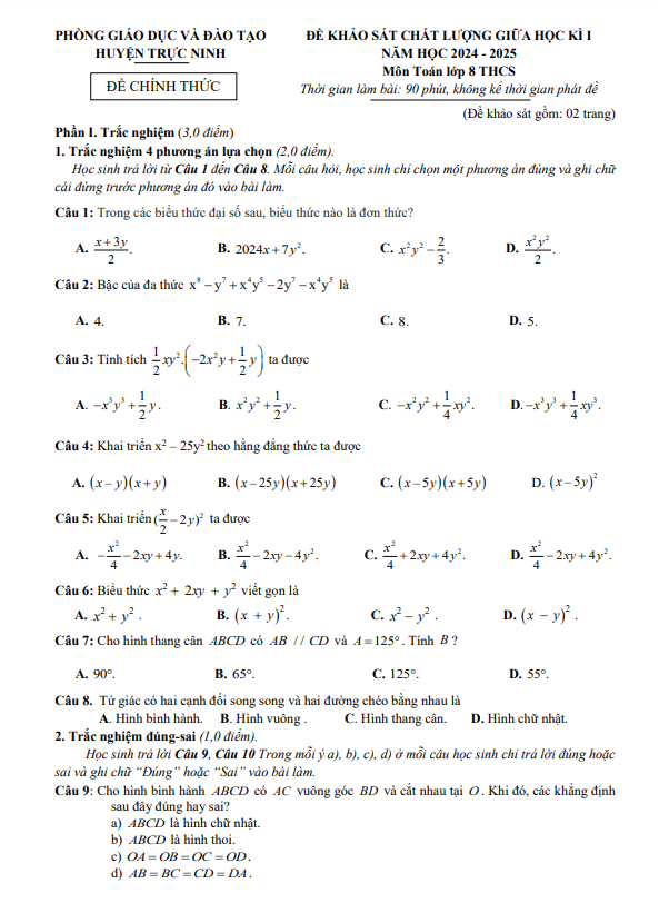 đề giữa học kì 1 toán 8 năm 2024 – 2025 phòng gd&đt trực ninh – nam định