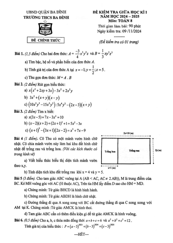 đề giữa học kì 1 toán 8 năm 2024 – 2025 trường thcs ba đình – hà nội