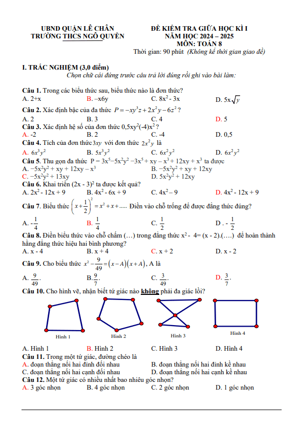 đề giữa học kì 1 toán 8 năm 2024 – 2025 trường thcs ngô quyền – hải phòng