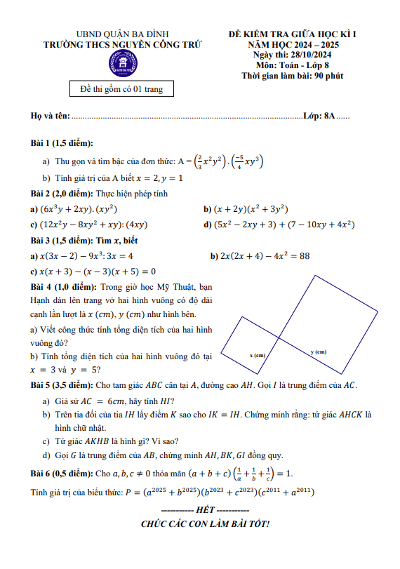 đề giữa học kì 1 toán 8 năm 2024 – 2025 trường thcs nguyễn công trứ – hà nội
