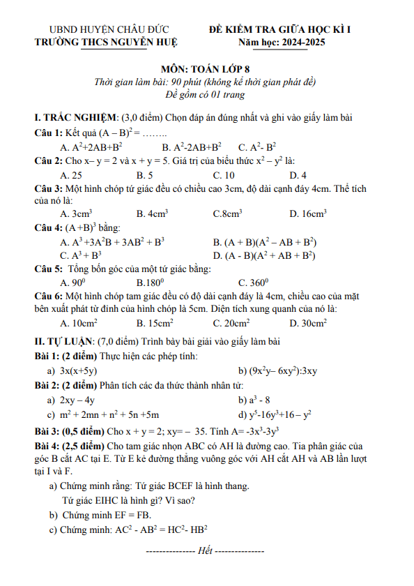 đề giữa học kì 1 toán 8 năm 2024 – 2025 trường thcs nguyễn huệ – br vt