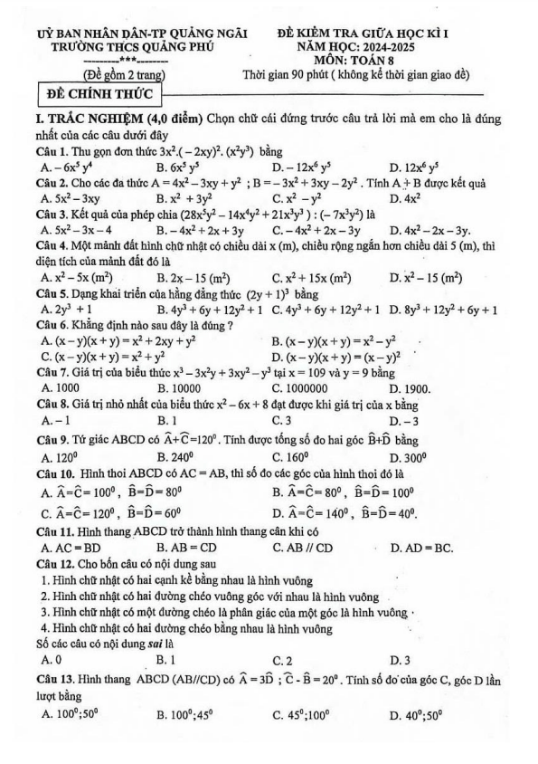 đề giữa học kì 1 toán 8 năm 2024 – 2025 trường thcs quảng phú – quảng ngãi