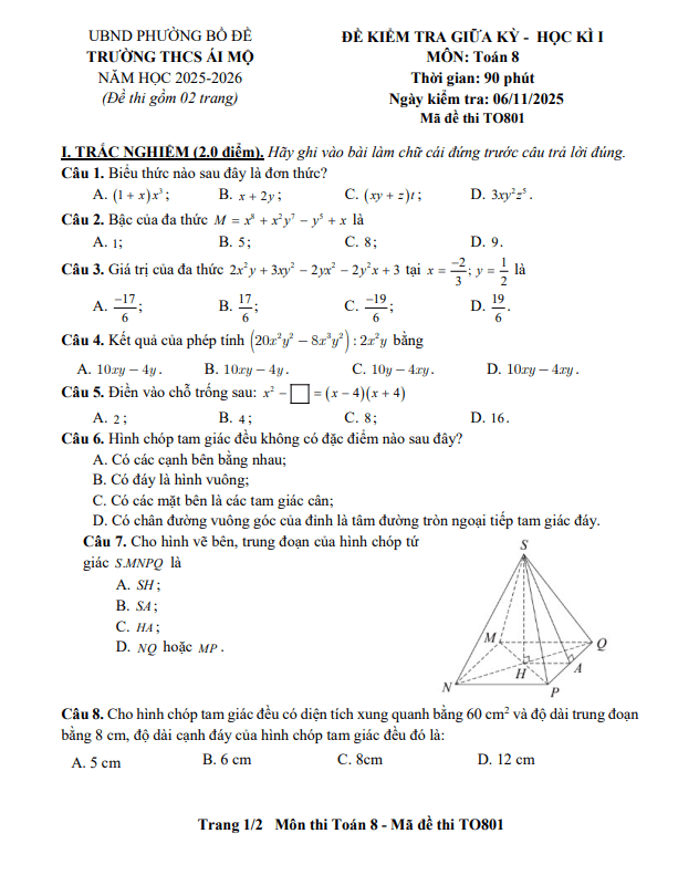 đề giữa học kì 1 toán 8 năm 2025 – 2026 trường thcs ái mộ – hà nội