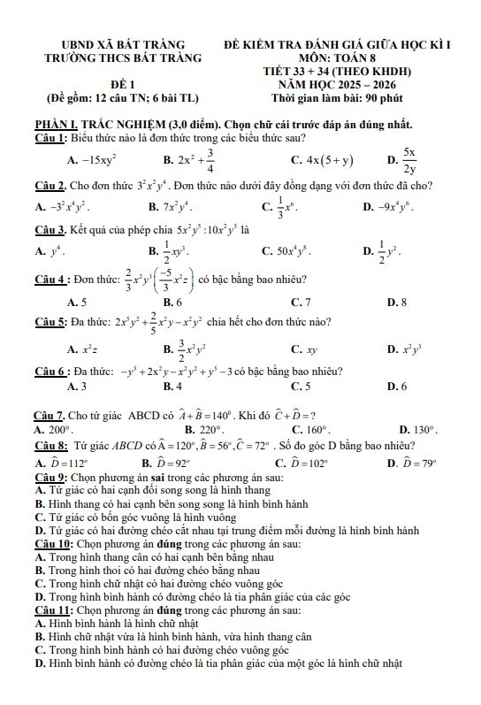 đề giữa học kì 1 toán 8 năm 2025 – 2026 trường thcs bát tràng – hà nội