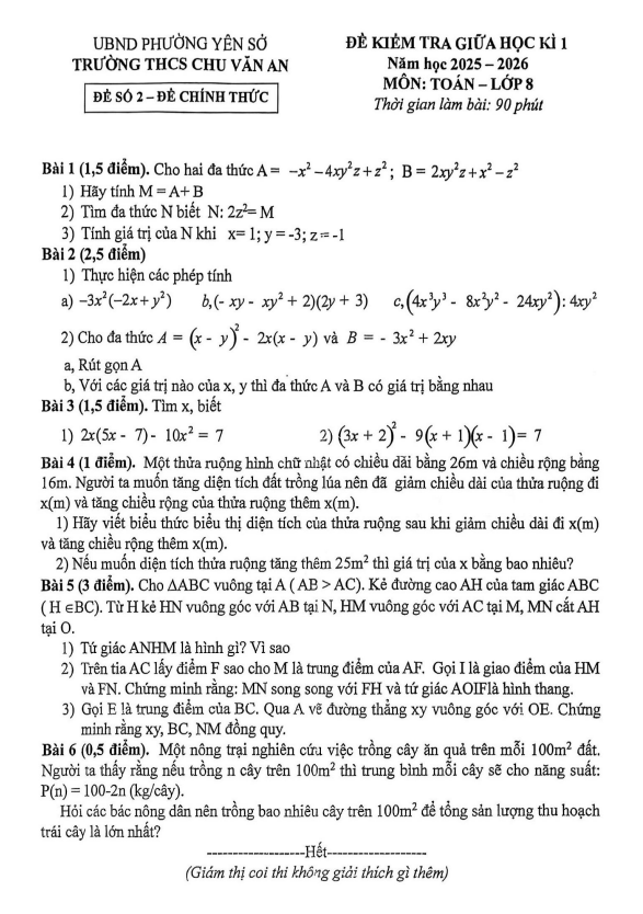 đề giữa học kì 1 toán 8 năm 2025 – 2026 trường thcs chu văn an – hà nội